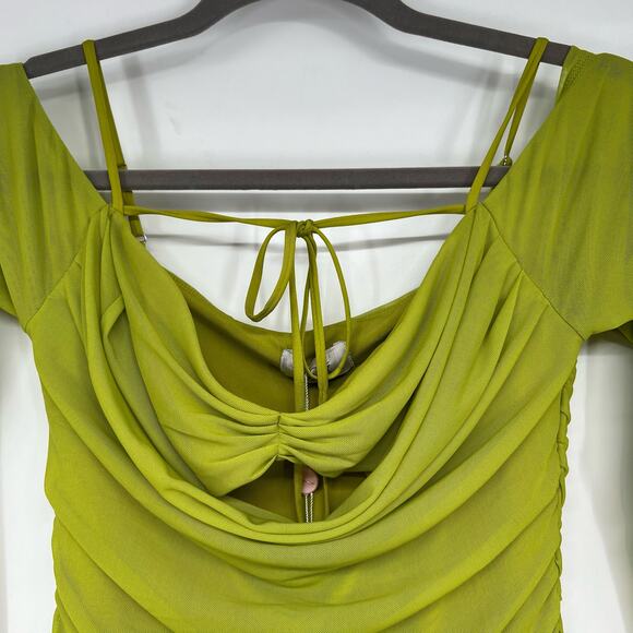 NWT Oh Polly Odyssey Fluted Sleeve Mini Dress Women's Size 8 Green Stretch Mesh - Picture 5 of 11